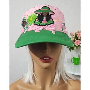 AKA Trucker Cap Pink & Green design with Ladies, Flowers & Rhinestone